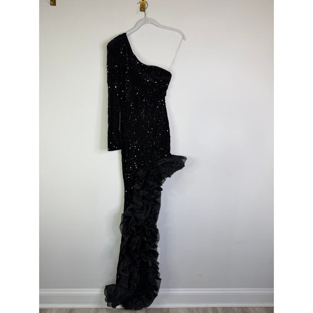 Faeriesty One Shoulder Long Sleeve Asymmetrical Hem Sequin Dress Black Size XS - Picture 2 of 9